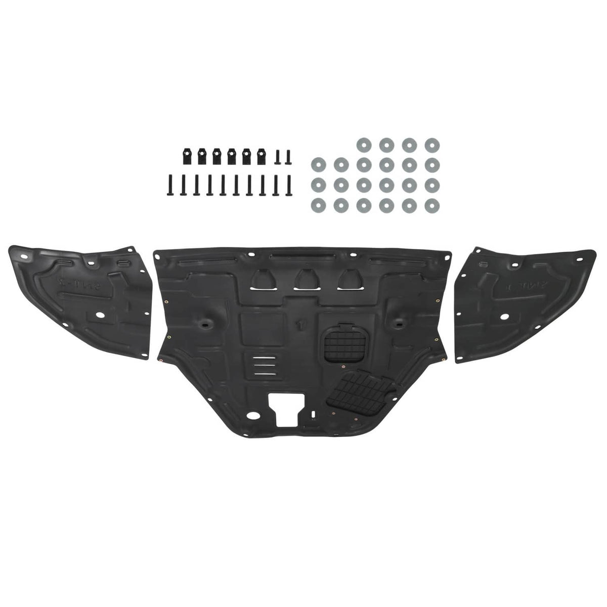 Black engine splash shield kit with three panels plus screws and washers