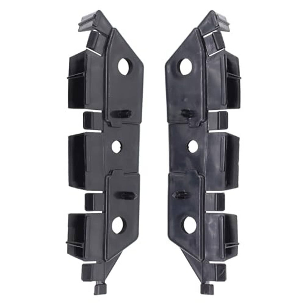 Pair of front bumper bracket retainers with round holes and snap-fit tabs, dark plastic