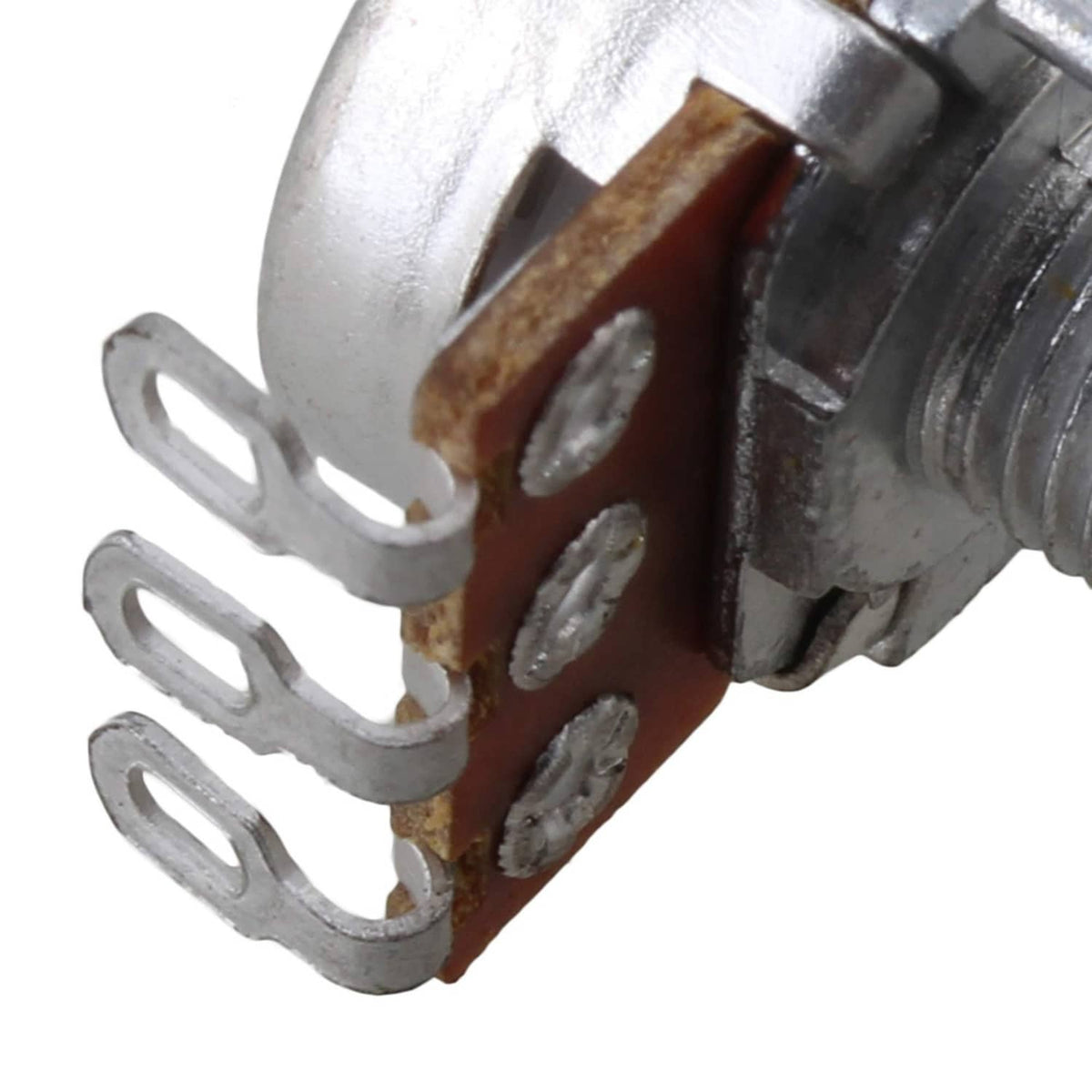 Metal guitar potentiometer base with brown resistor section and solder lug terminals