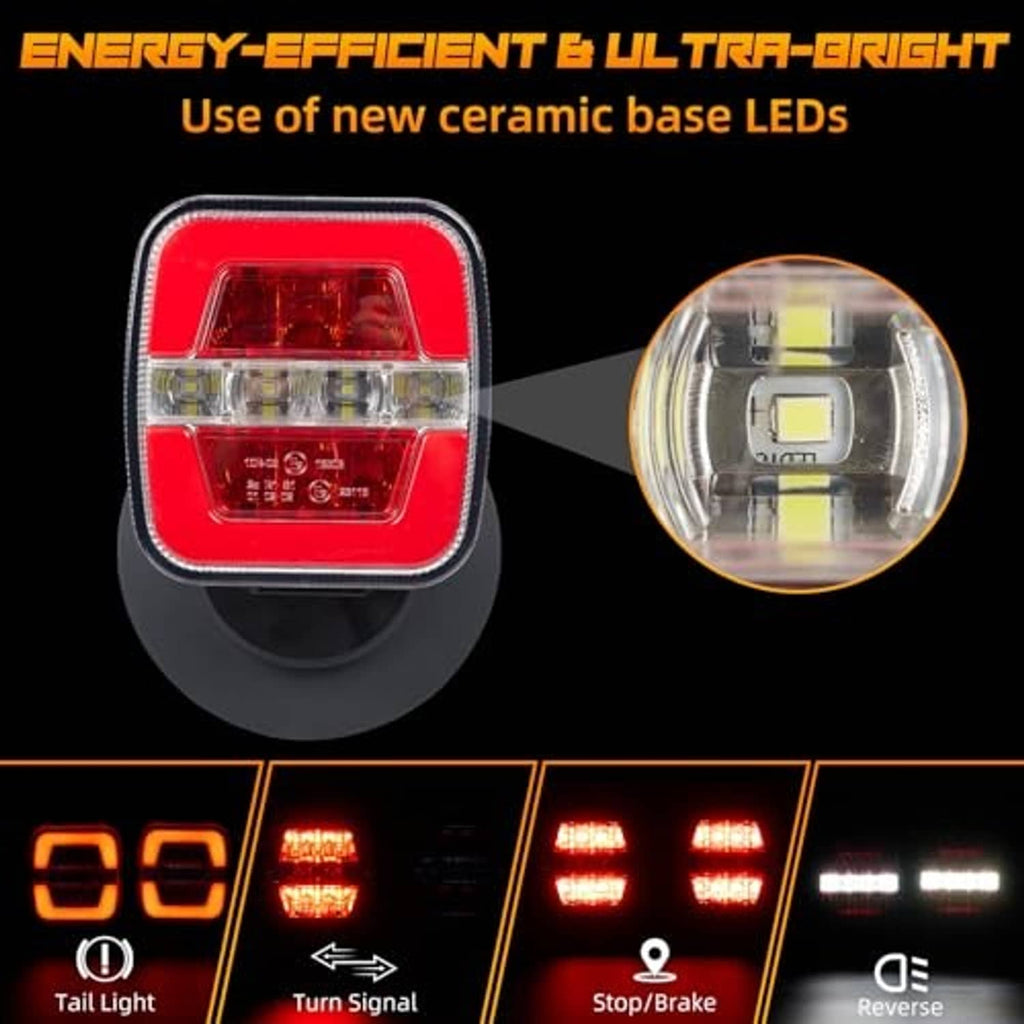 Red LED trailer light with ceramic base showing lens and close-up LED detail