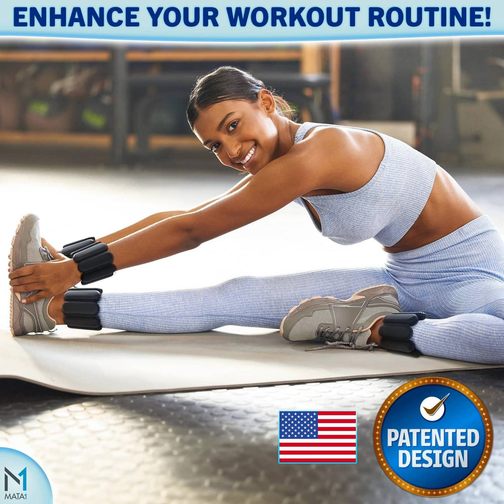 Black ankle and wrist weights with elastic cuffs worn during exercise