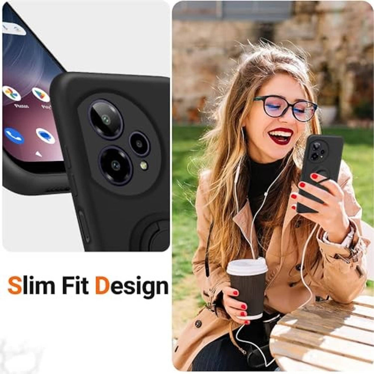 Black slim phone case close-up with circular ring holder and triple camera cutouts.