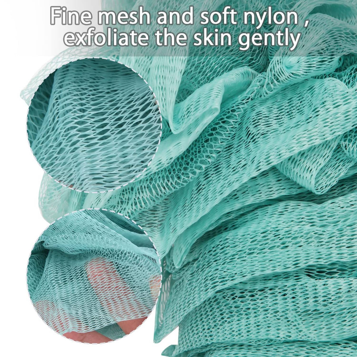 Teal nylon mesh loofah scrubber with soft, gentle exfoliating texture