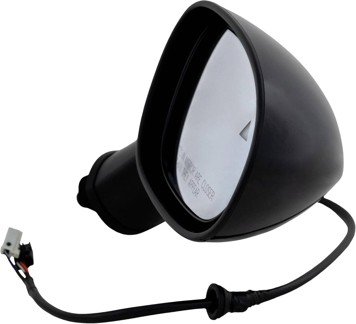 Black passenger side heated mirror with power connector wiring and reflective glass