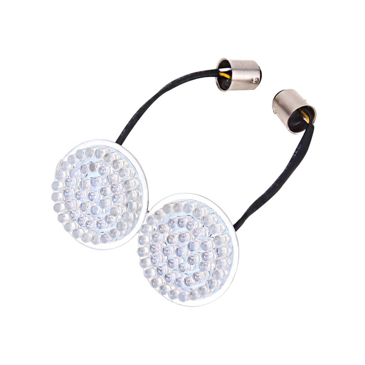 LED turn signal bulb pair with round clear lenses and silver base connectors