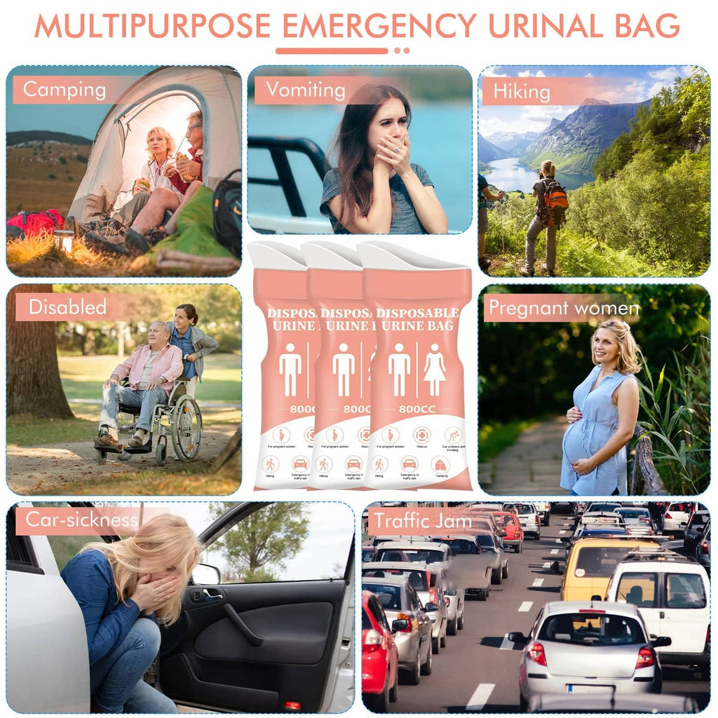 Pink 800cc disposable urine bag pack, front pouch with unisex icons and capacity marks