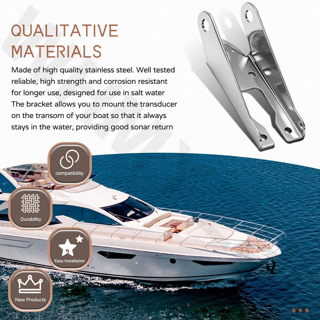 Stainless steel transom mount bracket with spray shield, installed on a boat