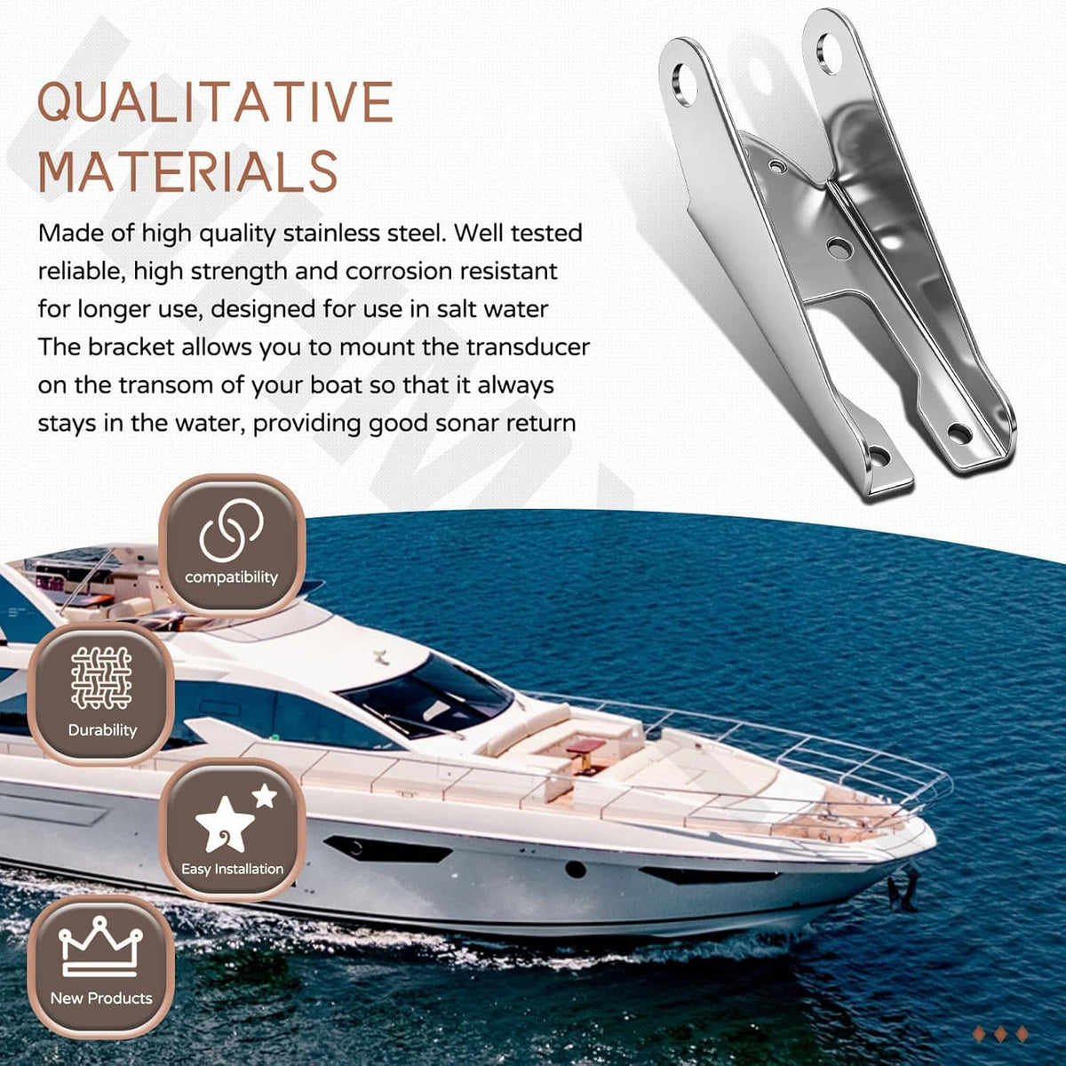 Stainless steel transom mount bracket with spray shield, installed on a boat