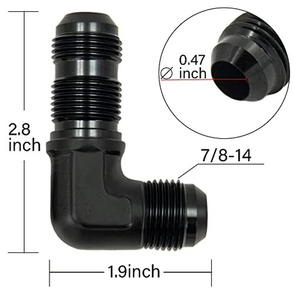 Measured view of black 90-degree bulkhead flare fitting adapter with male threads, 7/8-14