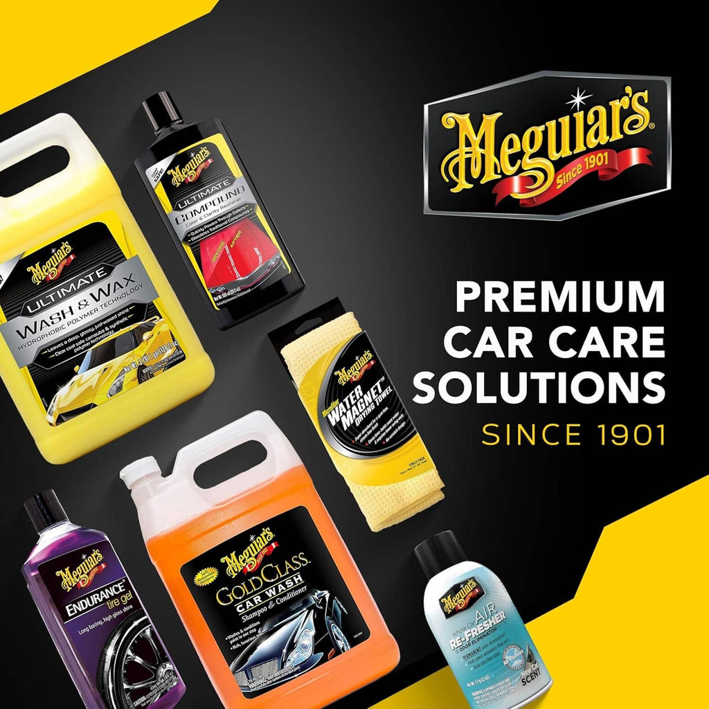 Meguiar's liquid cleaner wax bottle with applicator pad and other car care items