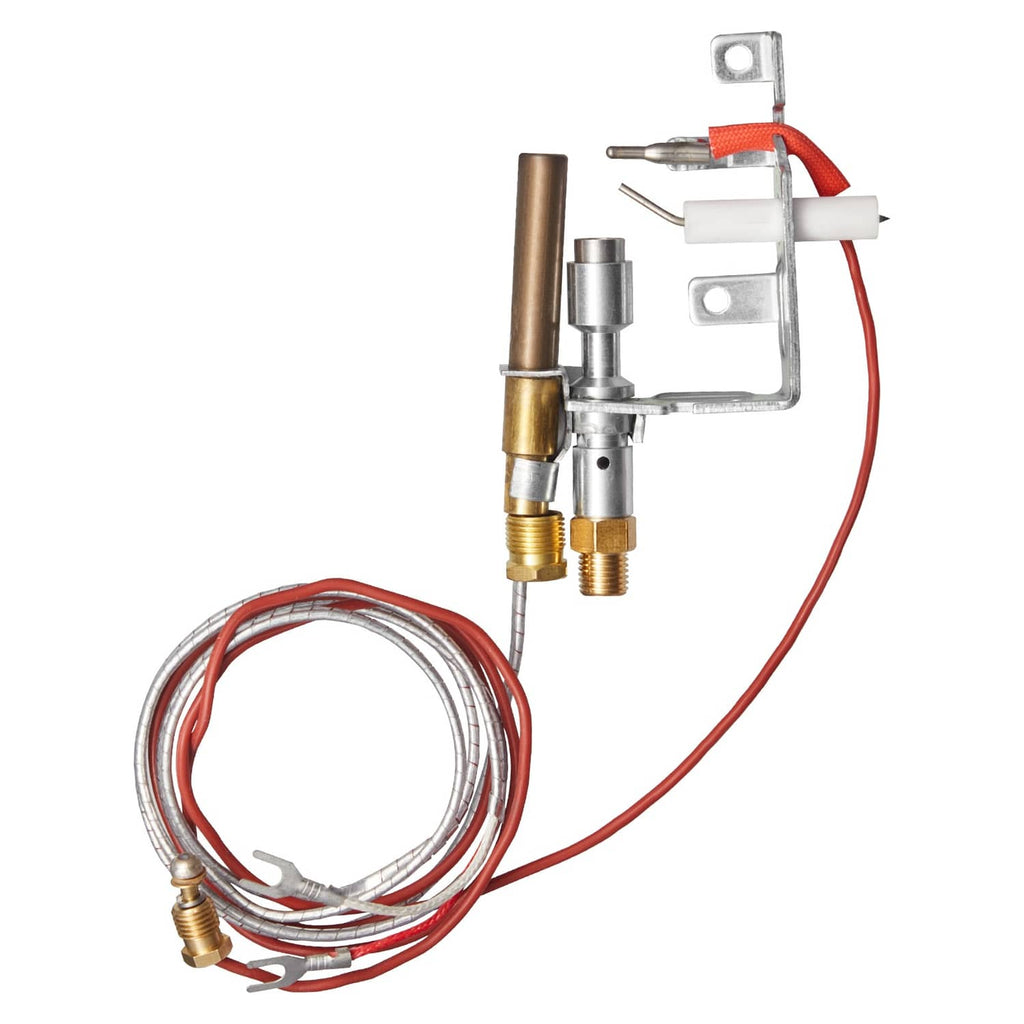 Natural gas pilot assembly with metal bracket, red ignition wires, and brass fittings