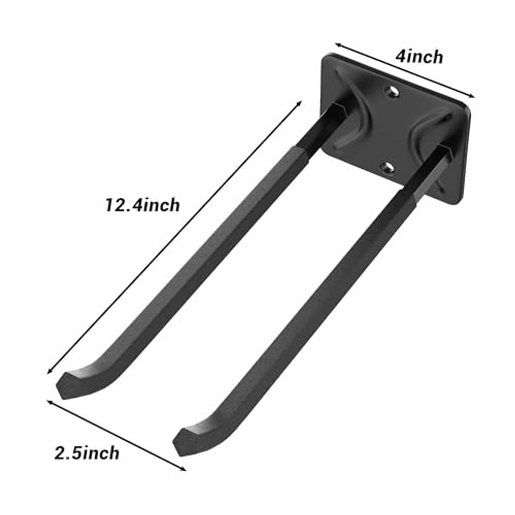 Black steel wall hook with measurements: long curved arm and mounting plate