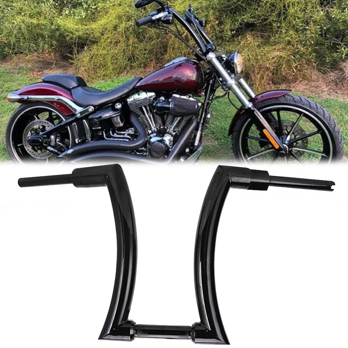 Black ape handlebars installed on cruiser motorcycle with front wheel and forks visible