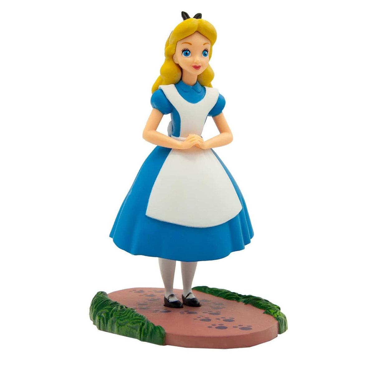 Bullyland Alice cake topper figure in blue-and-white dress with white apron, on round base