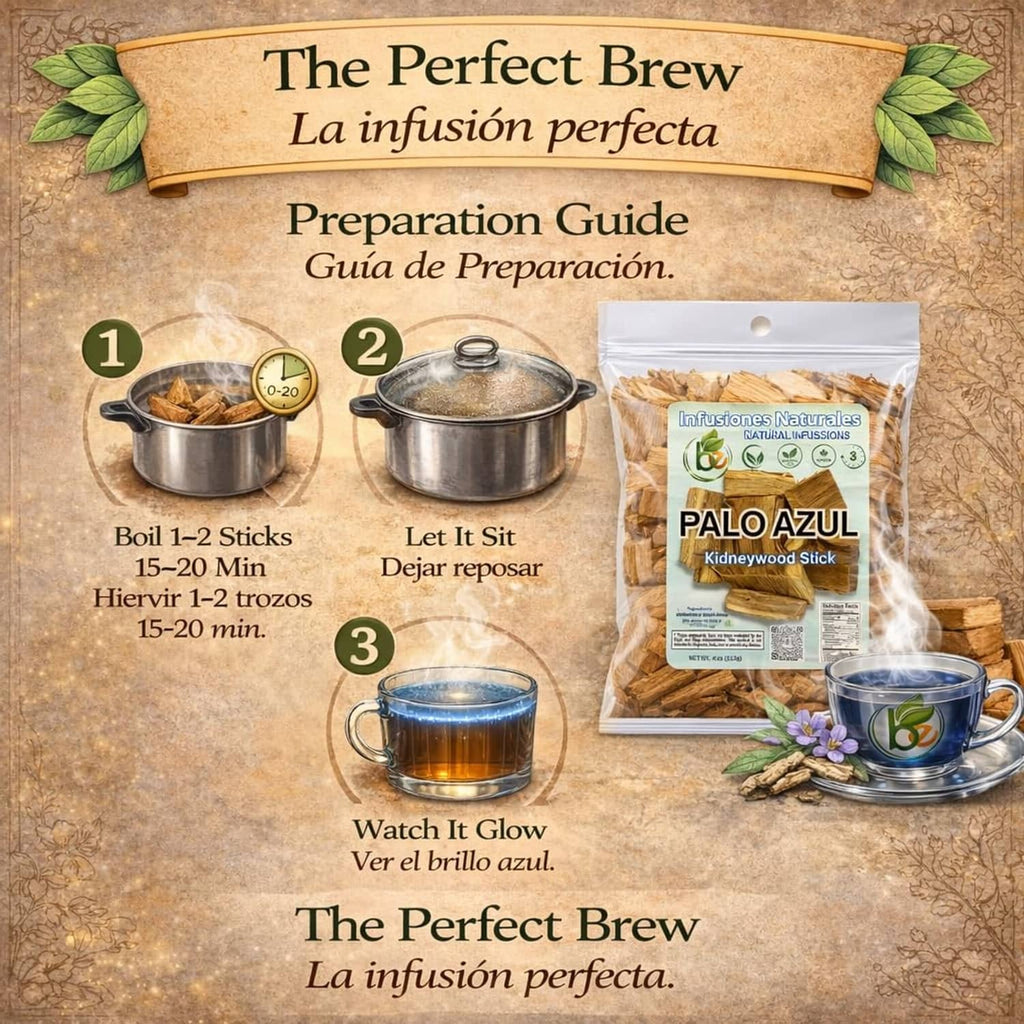 Palo Azul herbal tea preparation guide with pouch, pot, and glowing cup