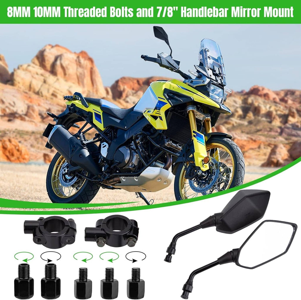 Motorcycle handlebar mirror with threaded bolts and mounting clamps, black