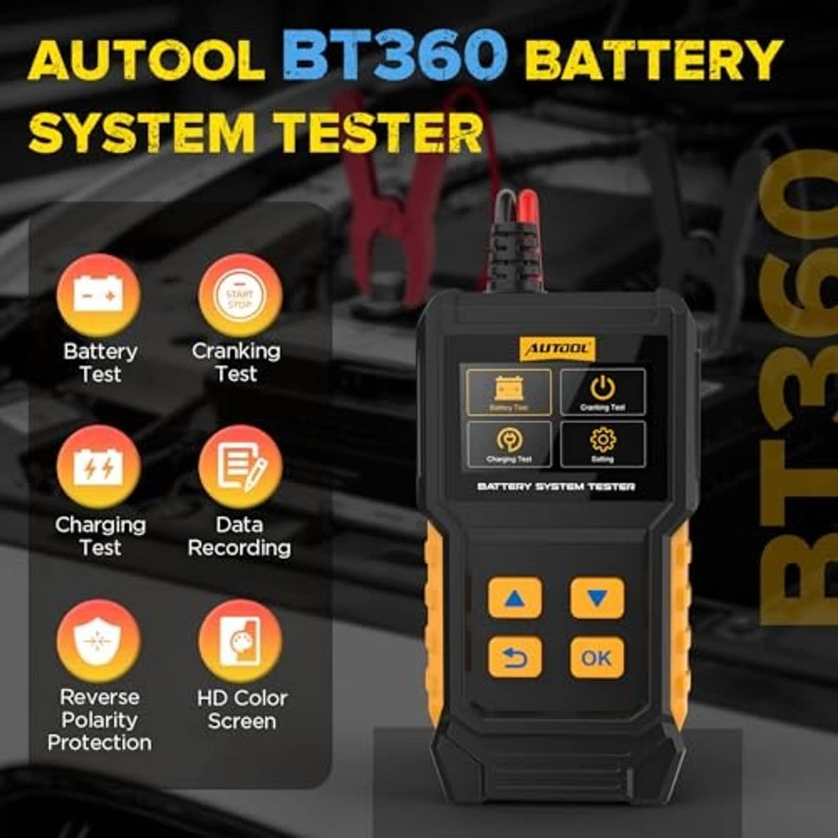 Handheld battery system tester showing charging, cranking, and test icons on display