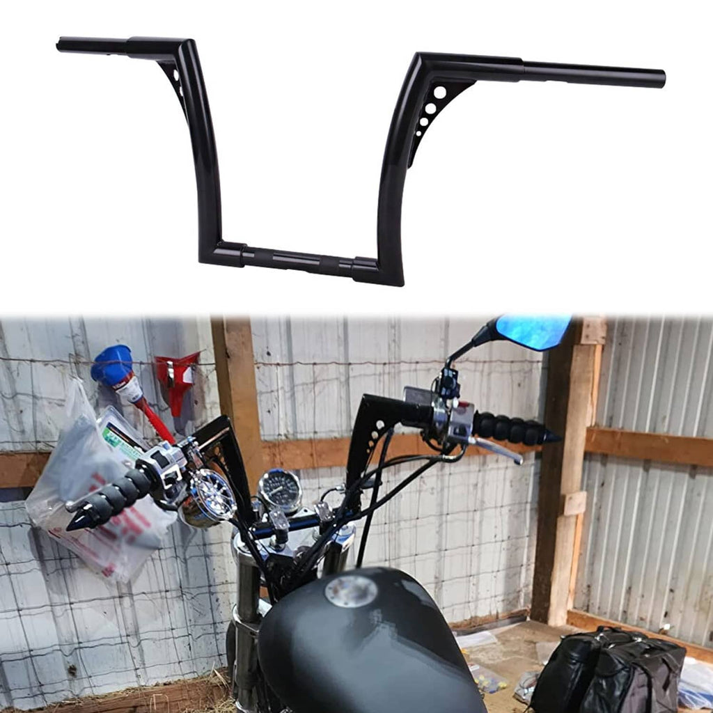 Black curved motorcycle handlebars with rise, viewed from front over bike fairing
