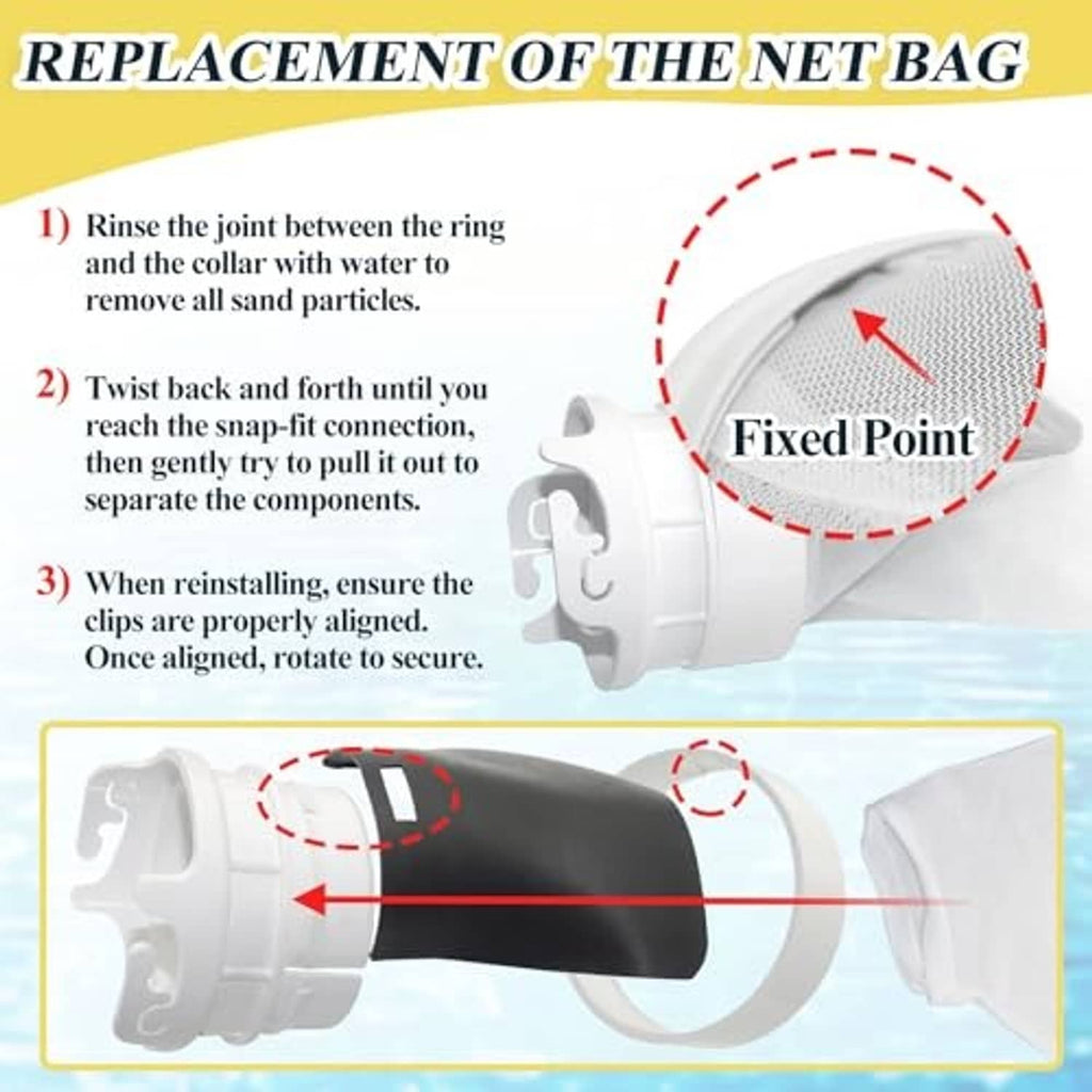 White replacement debris bag with snap-on connector housing and fine mesh compartment