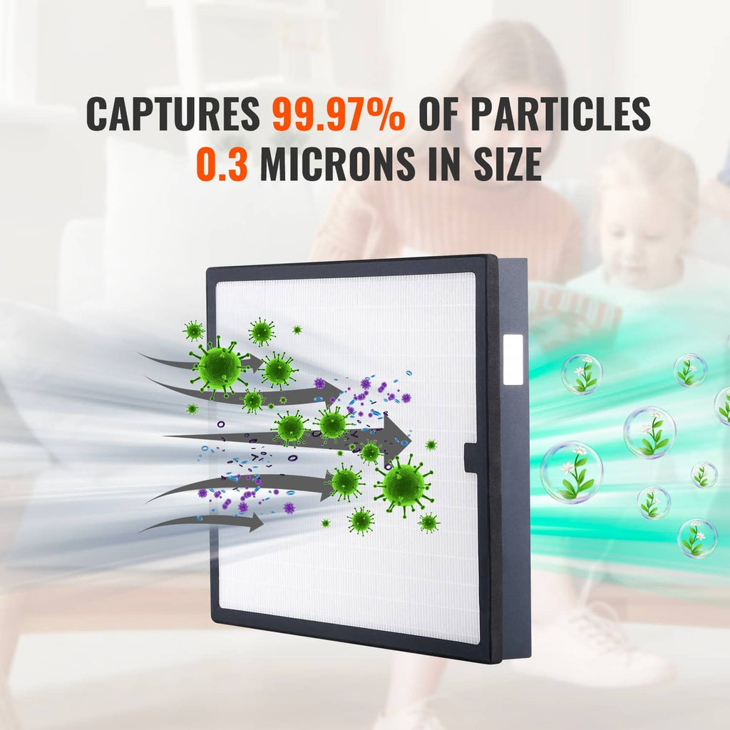 Replacement HEPA air filter with dark frame and dense white pleated media
