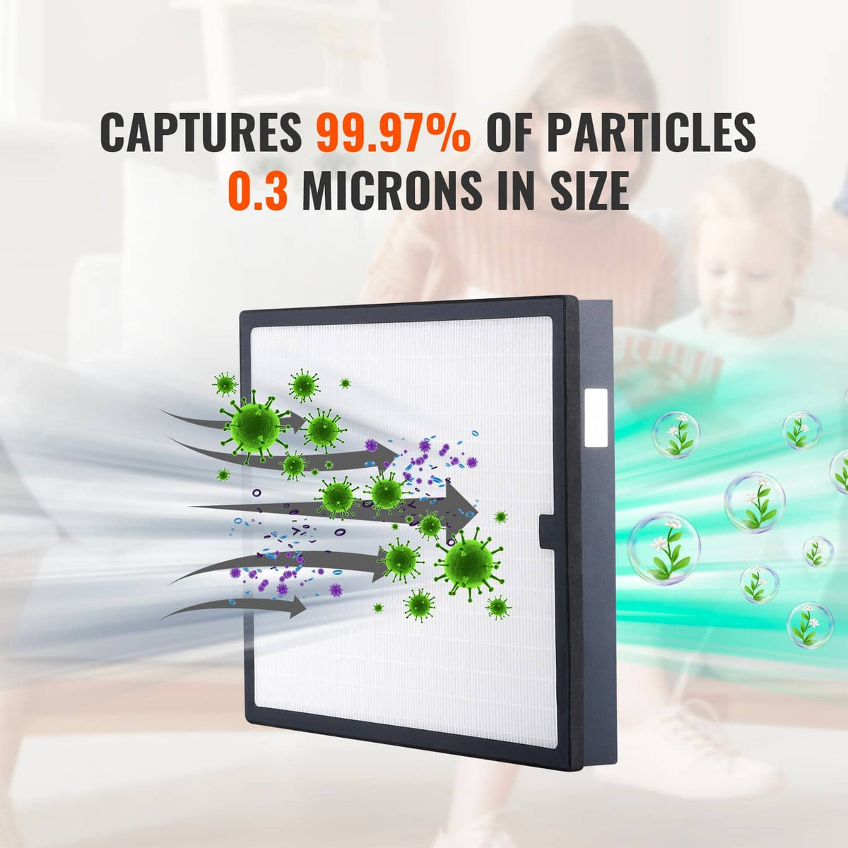 Replacement HEPA air filter with dark frame and dense white pleated media