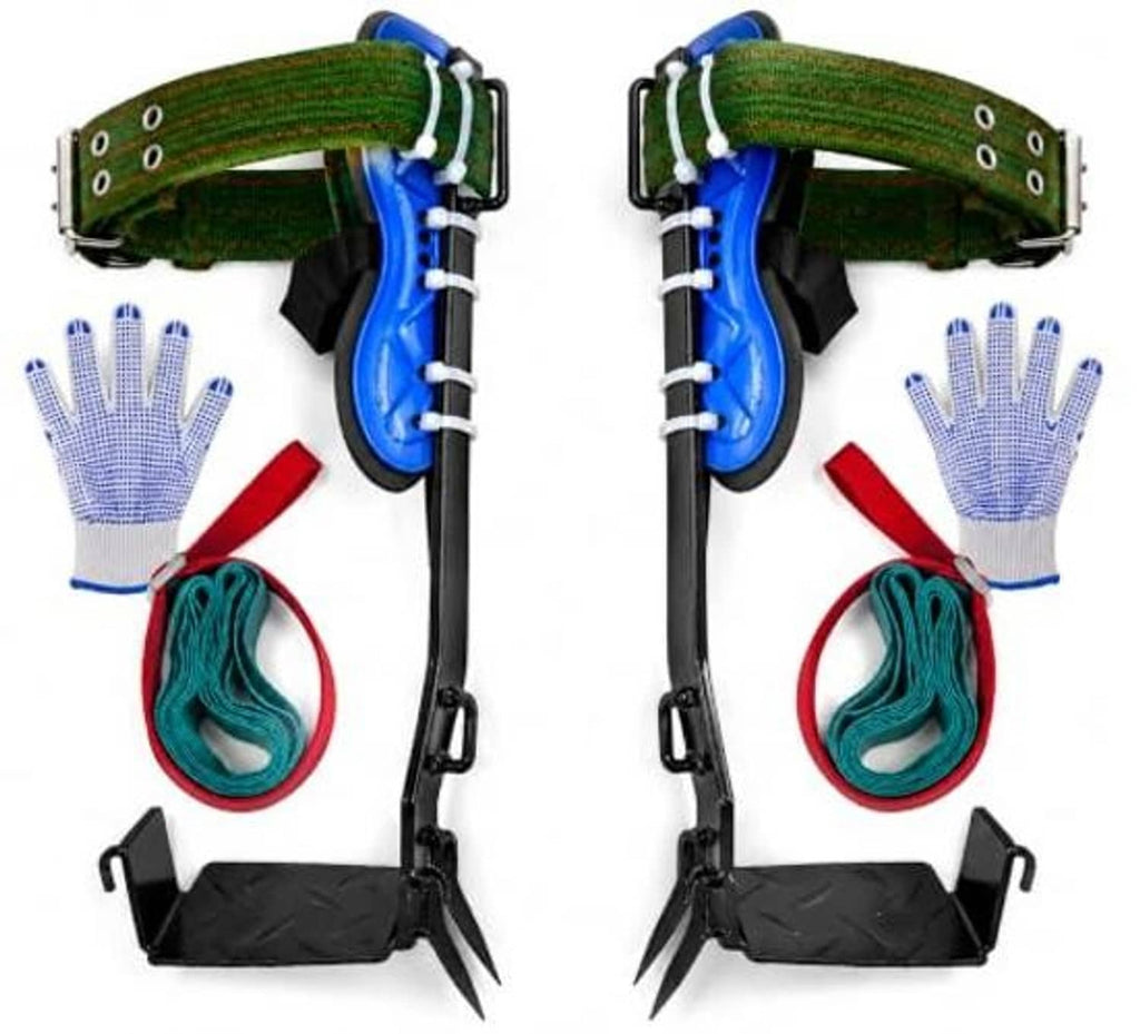 Two tree climbing spike sets with blue leg pads, green straps, stainless claws