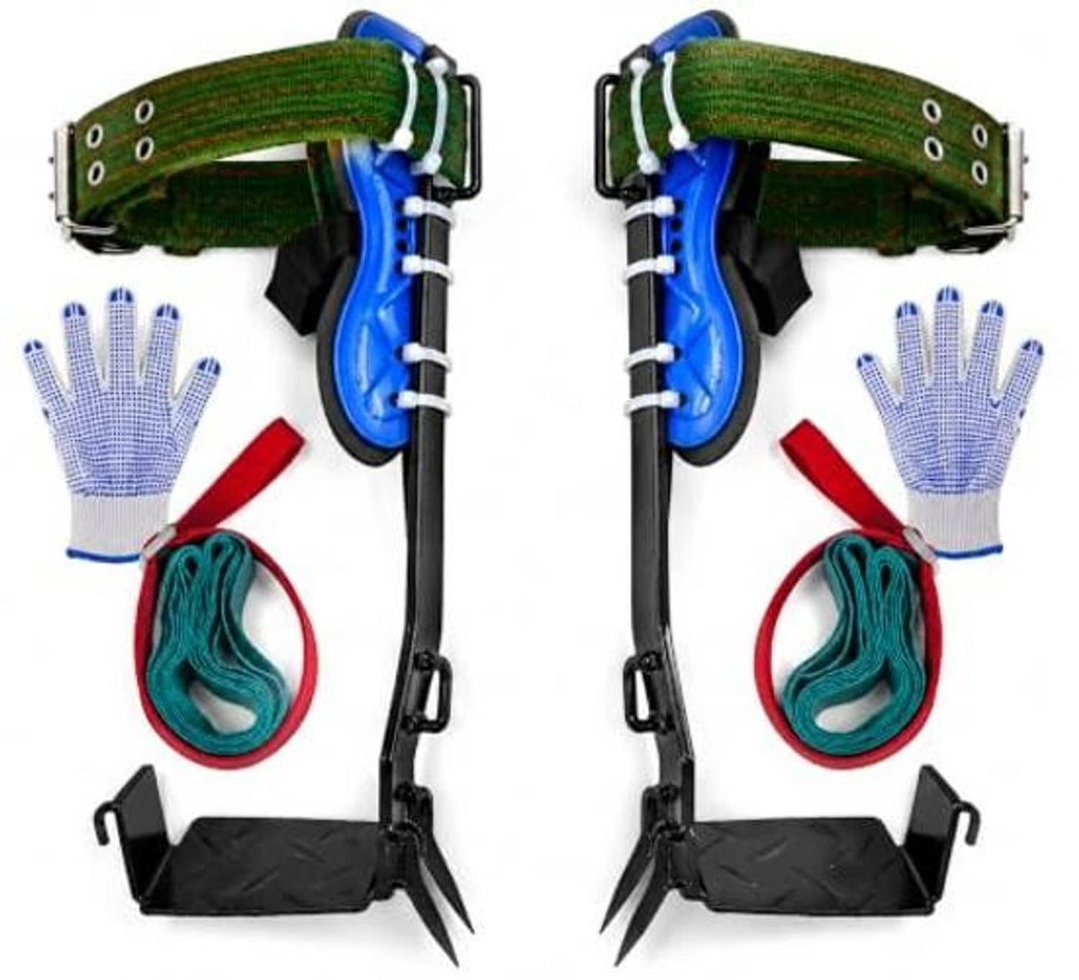 Two tree climbing spike sets with blue leg pads, green straps, stainless claws