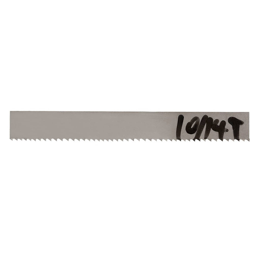 Silver bi-metal band saw blade with fine tooth edge, straight view