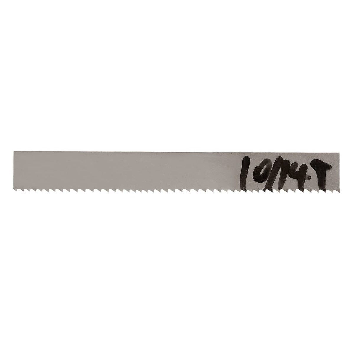 Silver bi-metal band saw blade with fine tooth edge, straight view