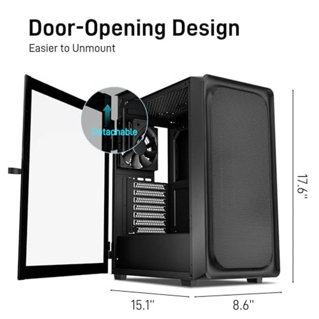 Black PC case with door-open side panel showing a front fan and internal bays