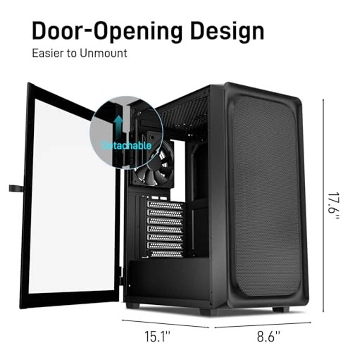Black PC case with door-open side panel showing a front fan and internal bays