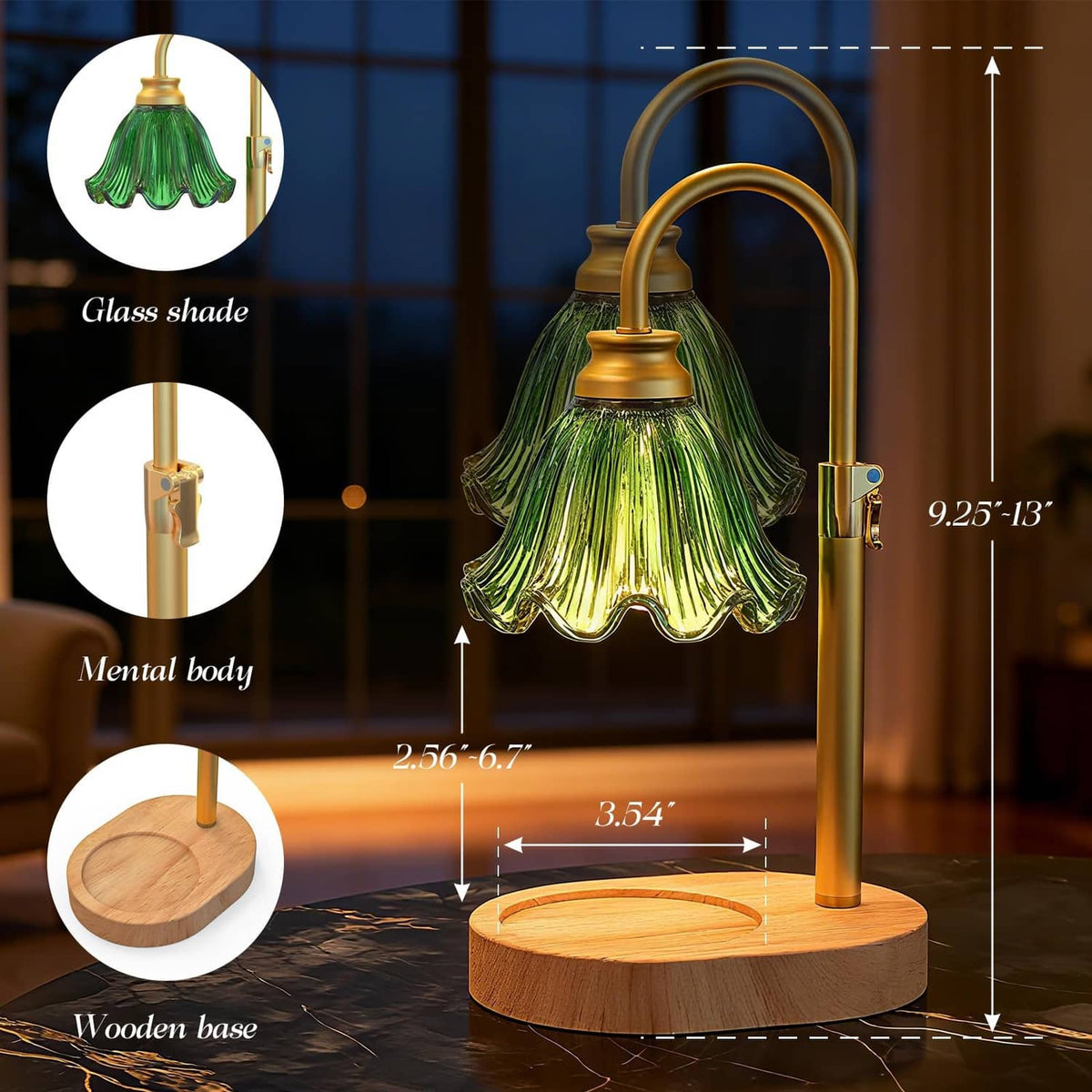 Green flower glass candle warmer lamp with brass gooseneck and round wooden base (size view)