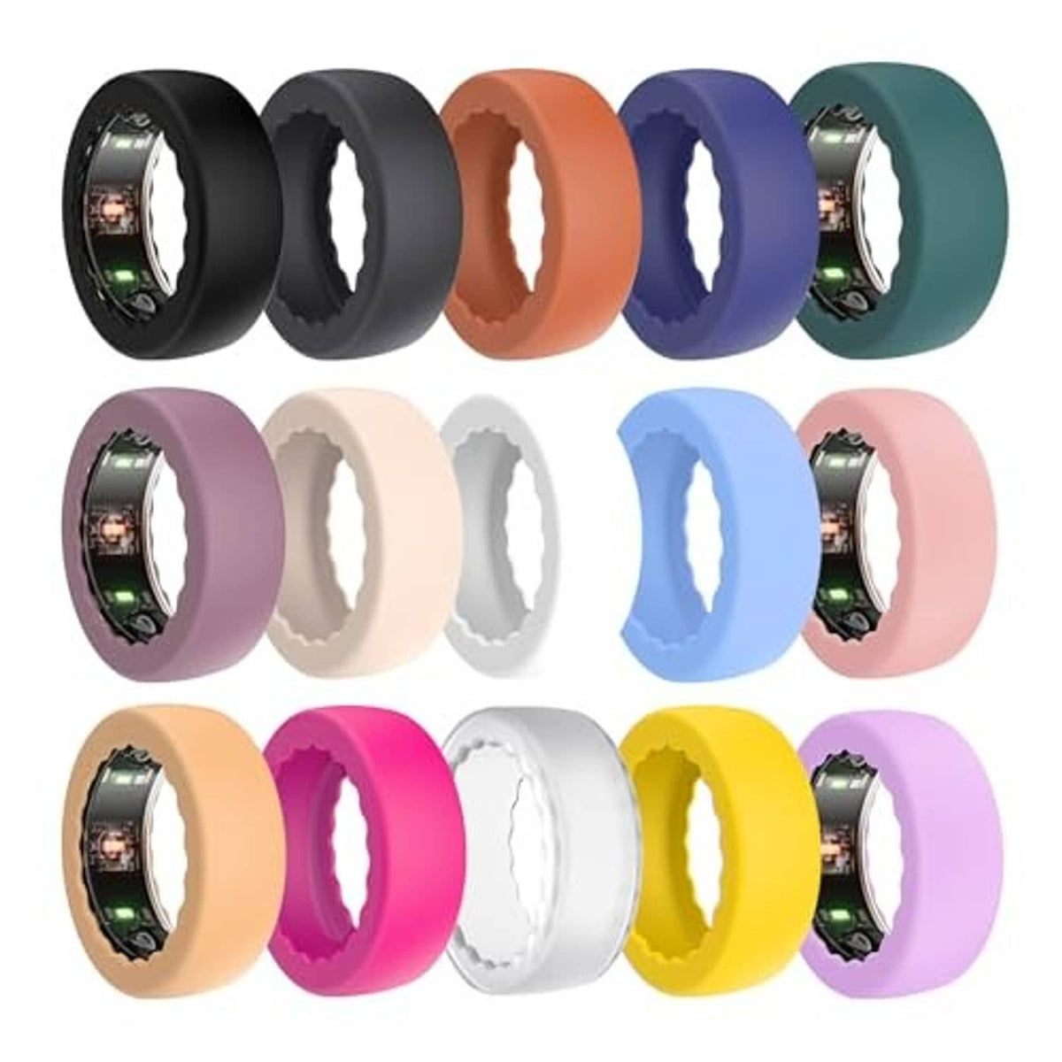 Bundle of 15 silicone ring covers in multiple colors, including pink, white, yellow, purple, and green.