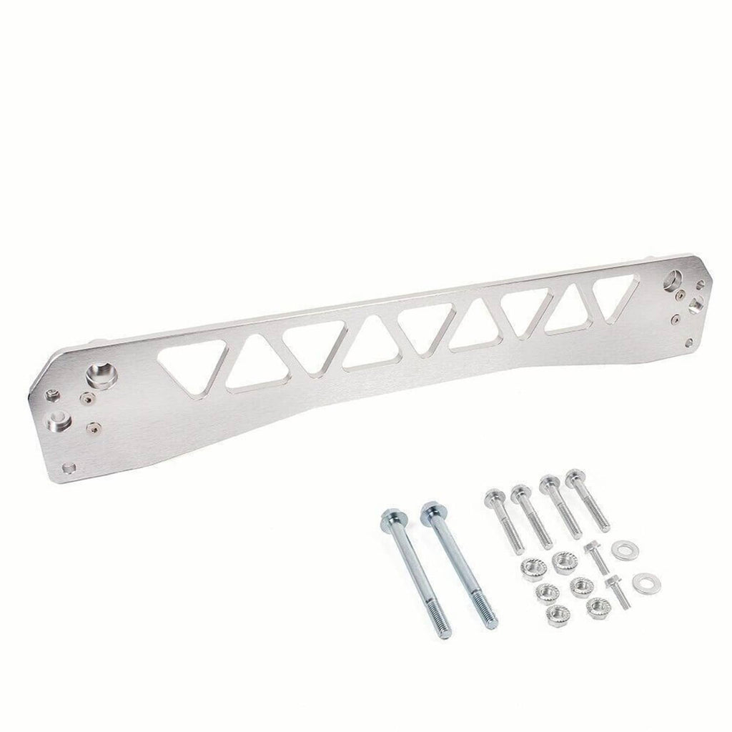 Silver subframe brace tie bar panel with triangular slots and included bolts and washers.