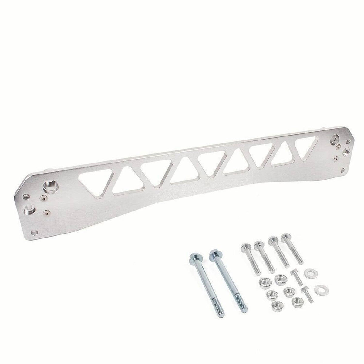 Silver subframe brace tie bar panel with triangular slots and included bolts and washers.