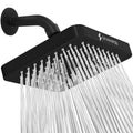 Midnight black square rain shower head with dense spray nozzles and wall-mount arm