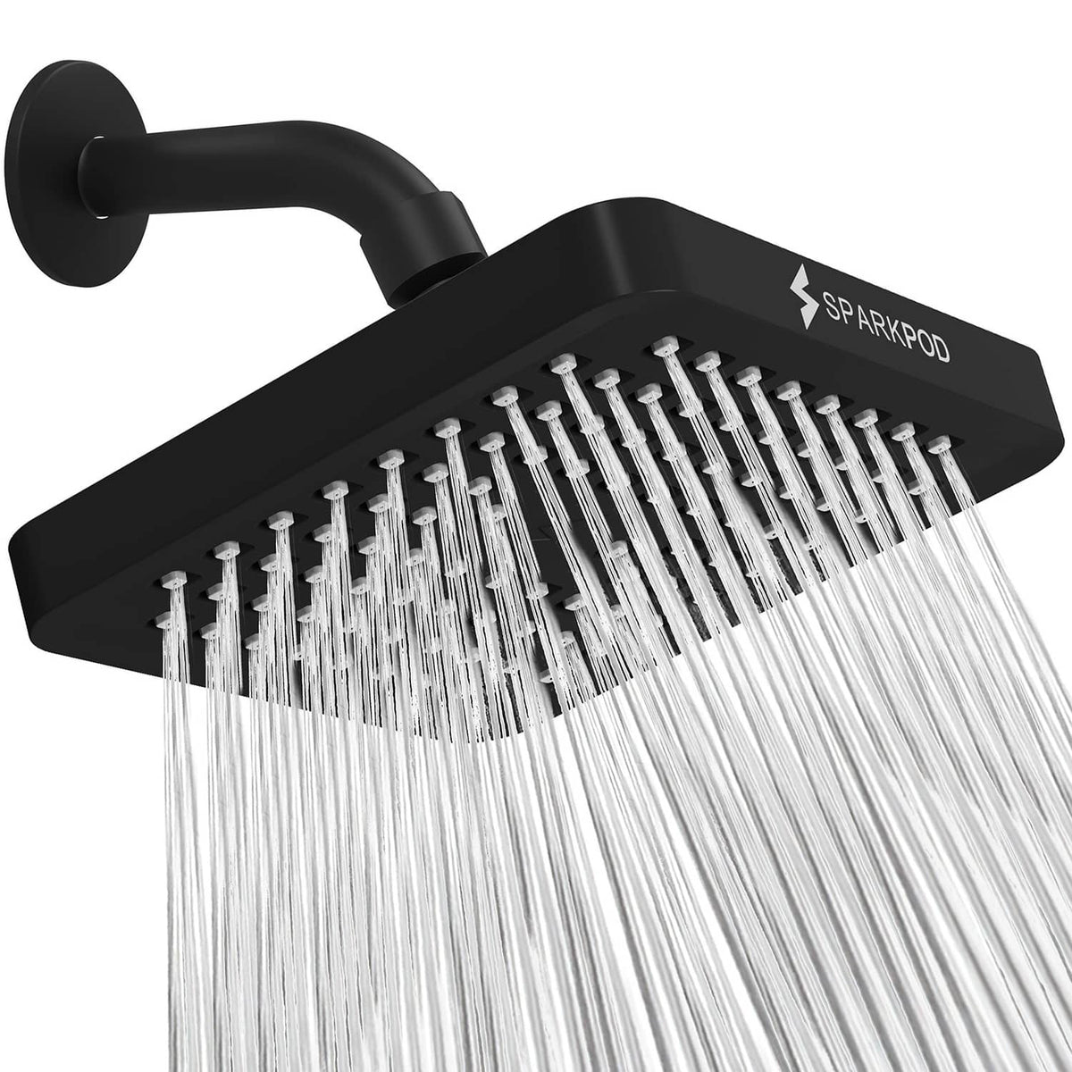Midnight black square rain shower head with dense spray nozzles and wall-mount arm