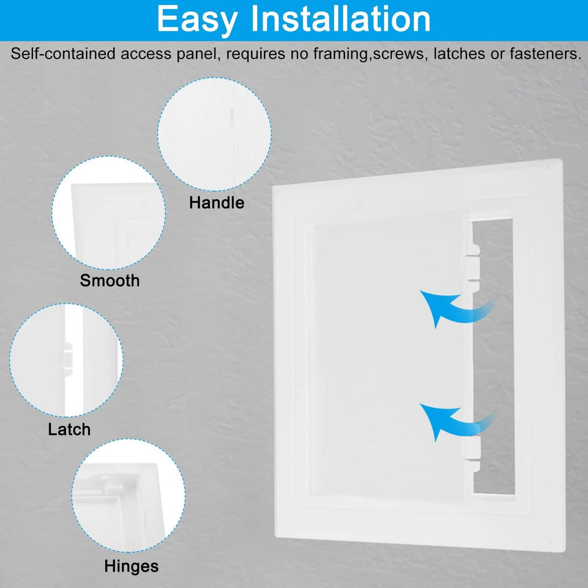 White hinged access panel with handle, latch, and hinge components shown