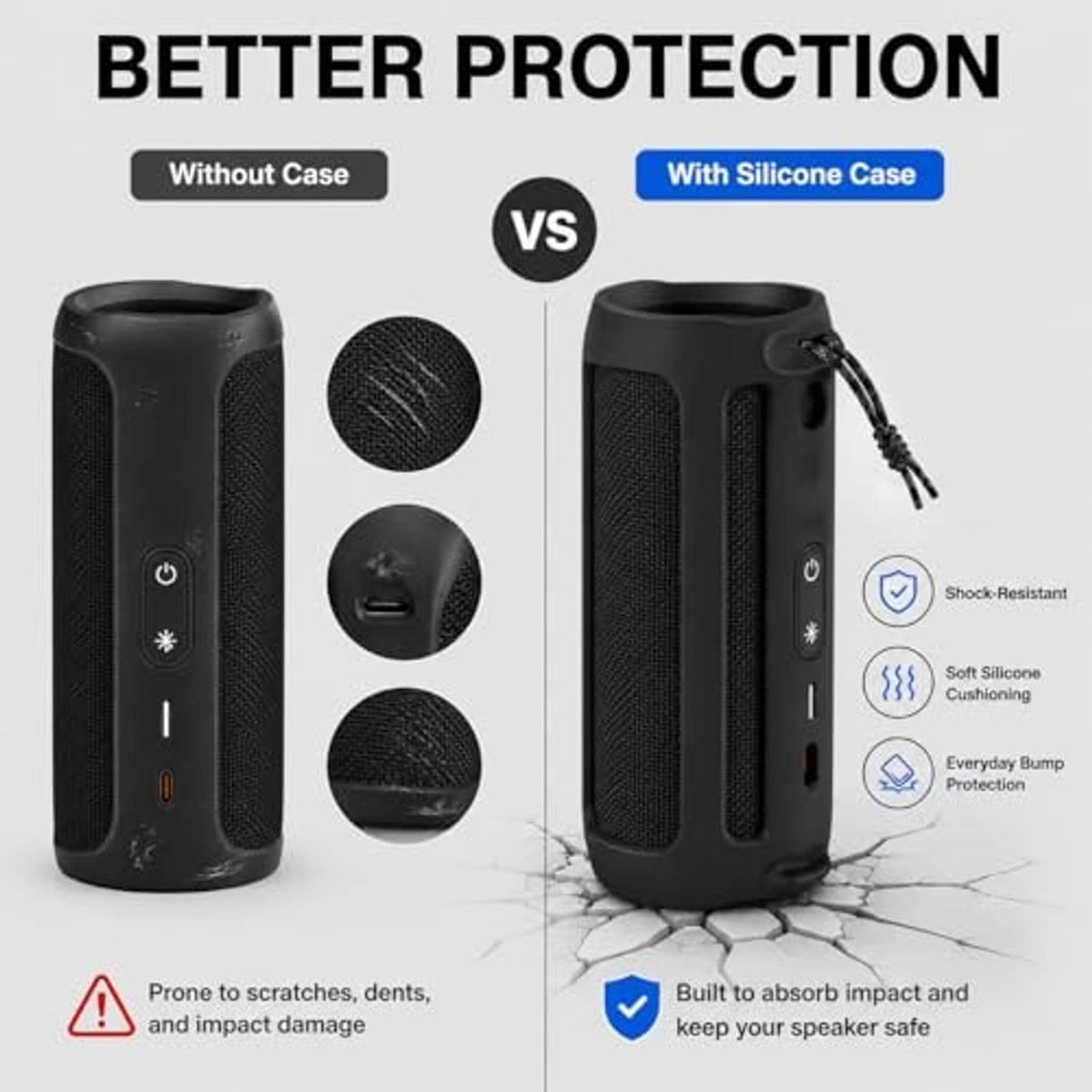 Black silicone speaker case with shock-resistant design and protective wrap
