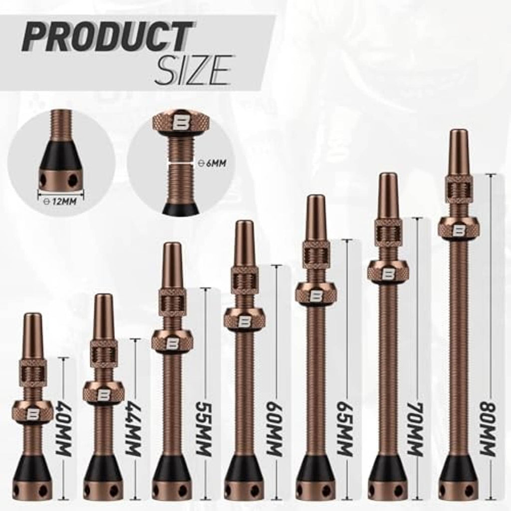 Multiple bronze Presta tubeless valve stems shown in different lengths