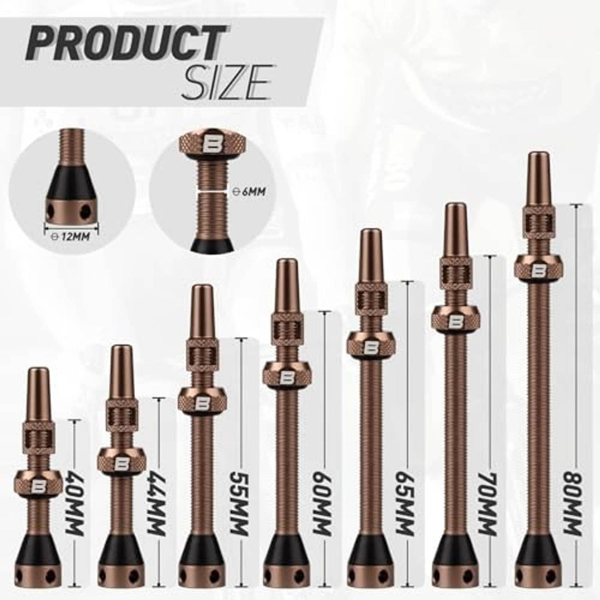Multiple bronze Presta tubeless valve stems shown in different lengths