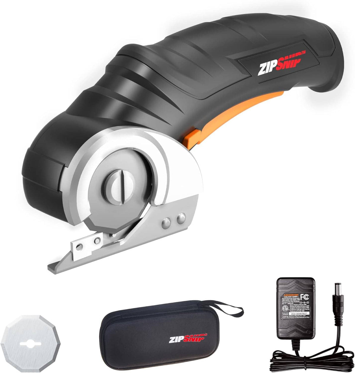 Rechargeable cordless electric scissors with zipper-snip blade, carrying case and charger