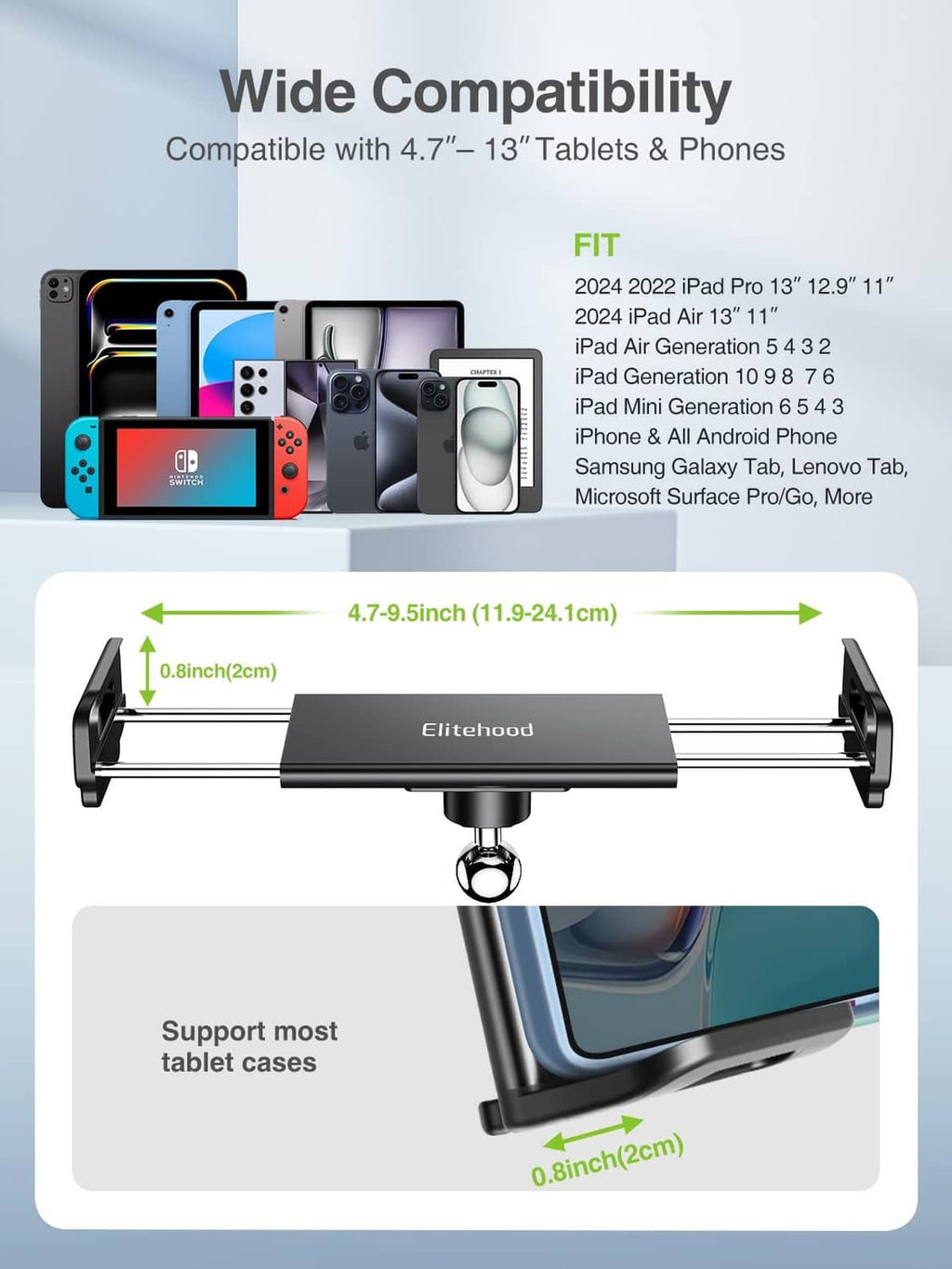 Adjustable metal tablet holder for 4.7–13 inch tablets and phones on mic stand