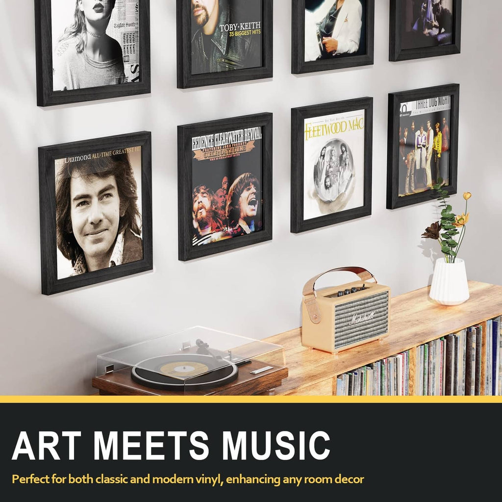 Black vinyl record frames with clear fronts for displaying album artwork on wall