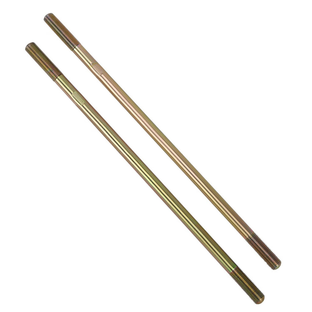 Two long threaded tie rod bars with gold finish and full-length screw threads