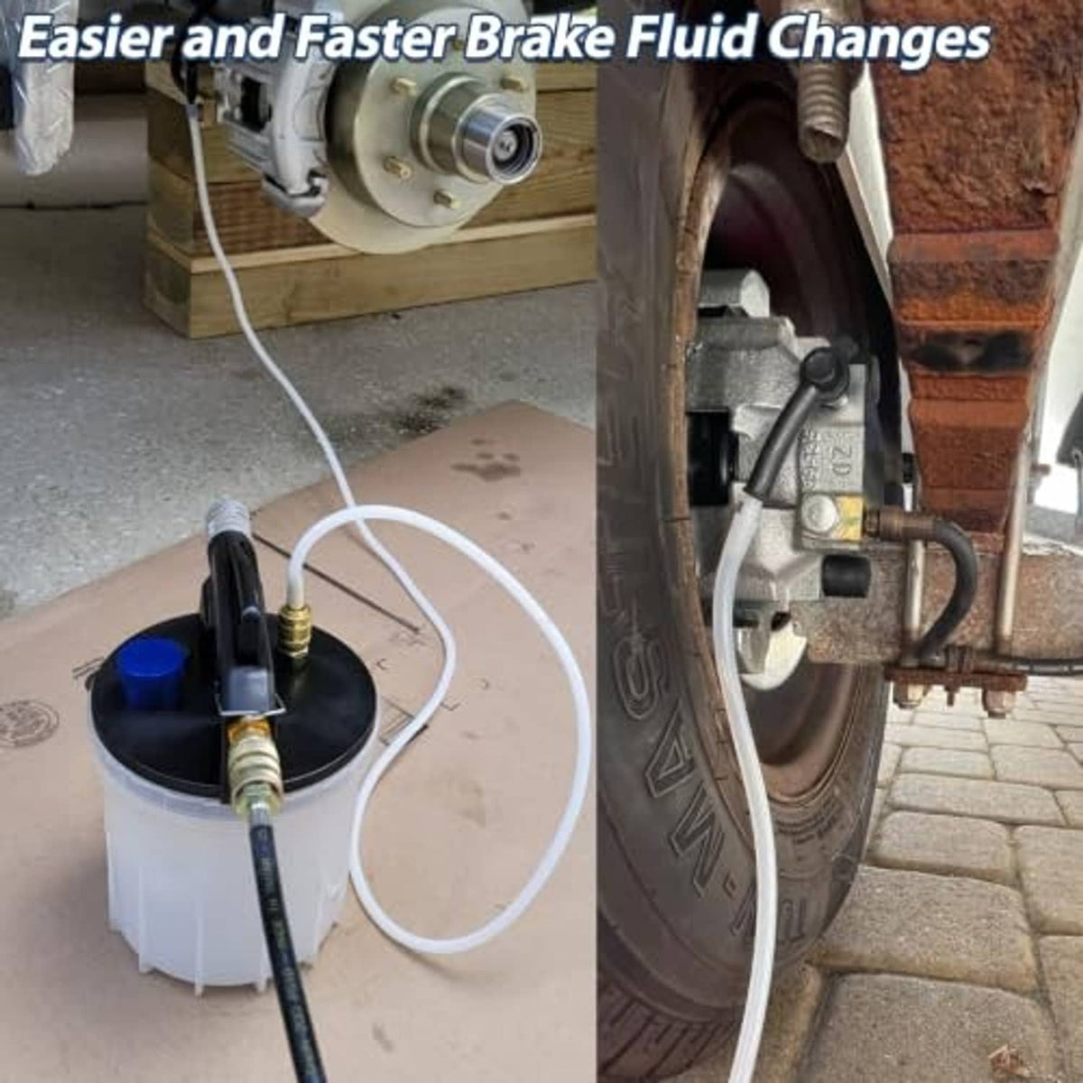 Pneumatic brake bleeder kit connected to a vehicle brake line with hoses and fittings
