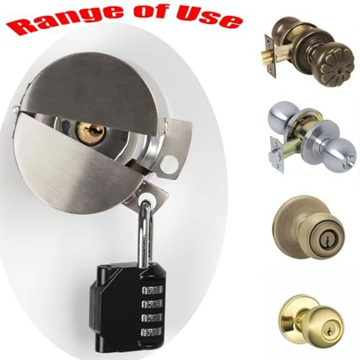 Door knob lock with round stainless cover and black combination padlock, multiple finishes