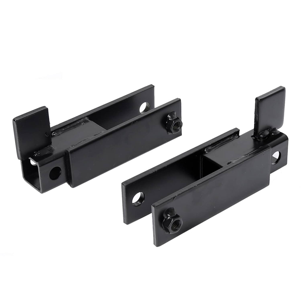 Two black metal bracket bars with mounting holes and hinge-style slots