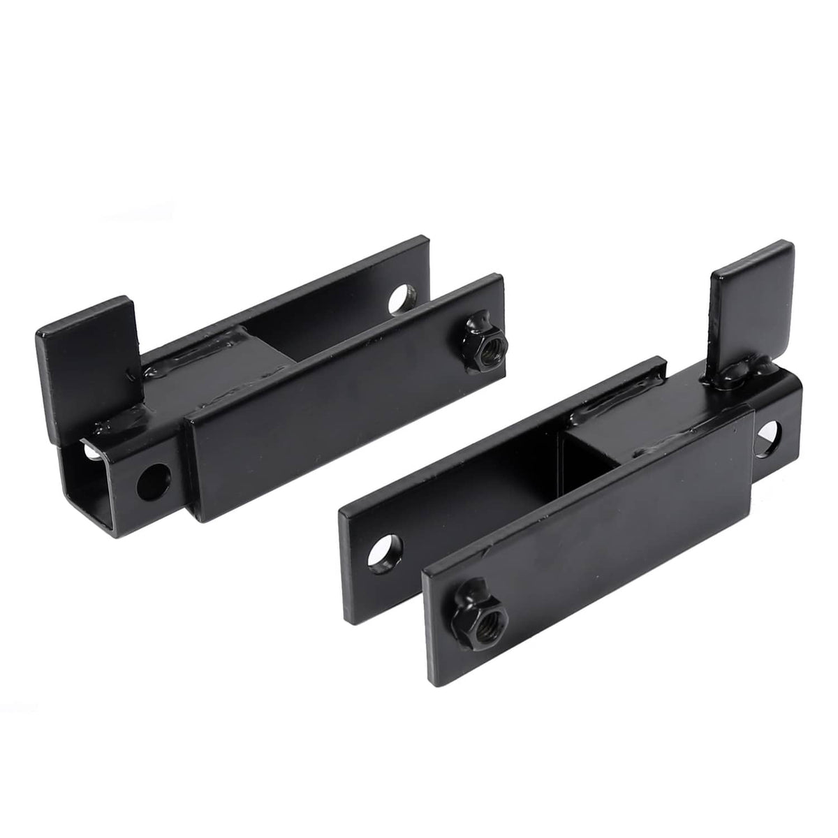 Two black metal bracket bars with mounting holes and hinge-style slots