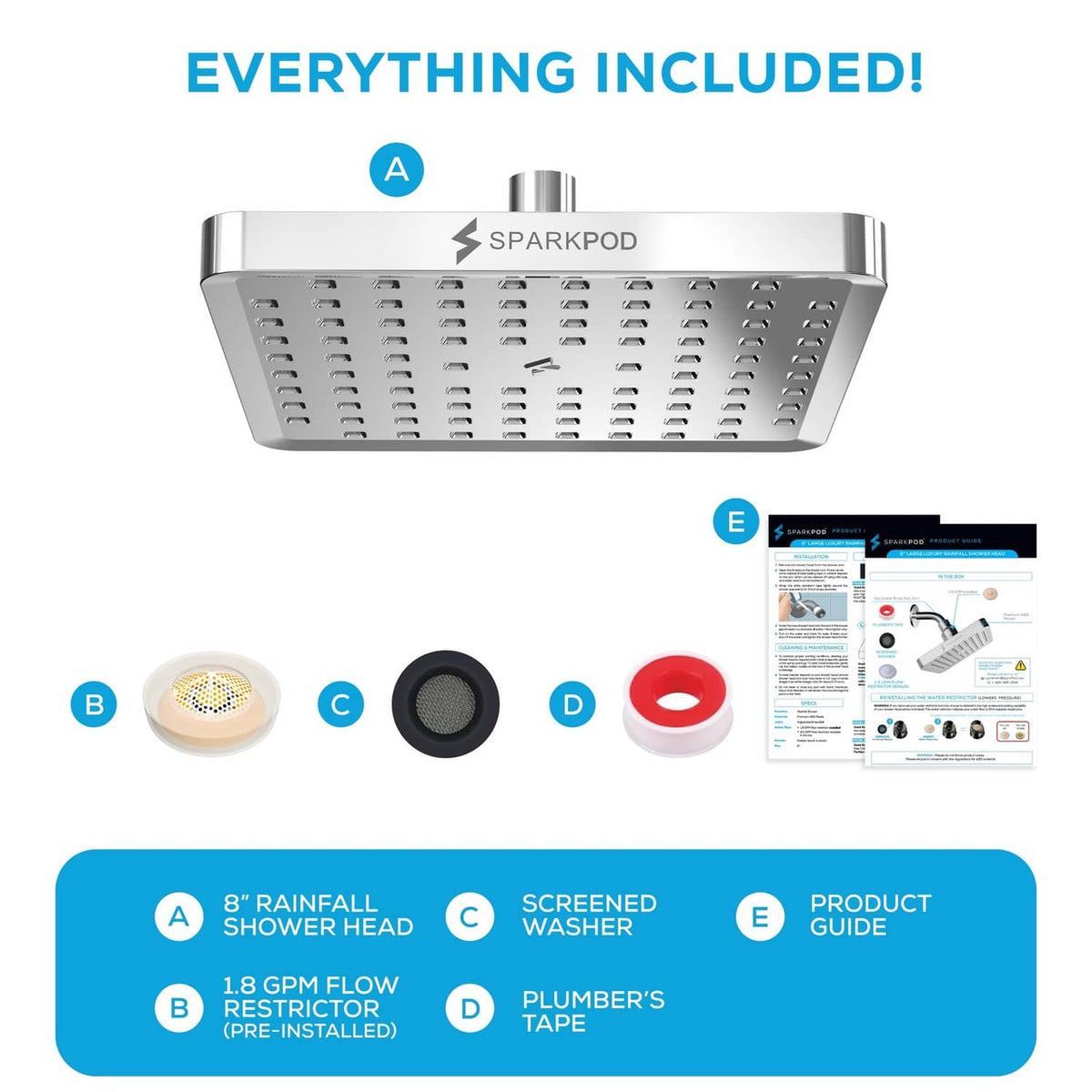 Square rain shower head and included components diagram on a white background